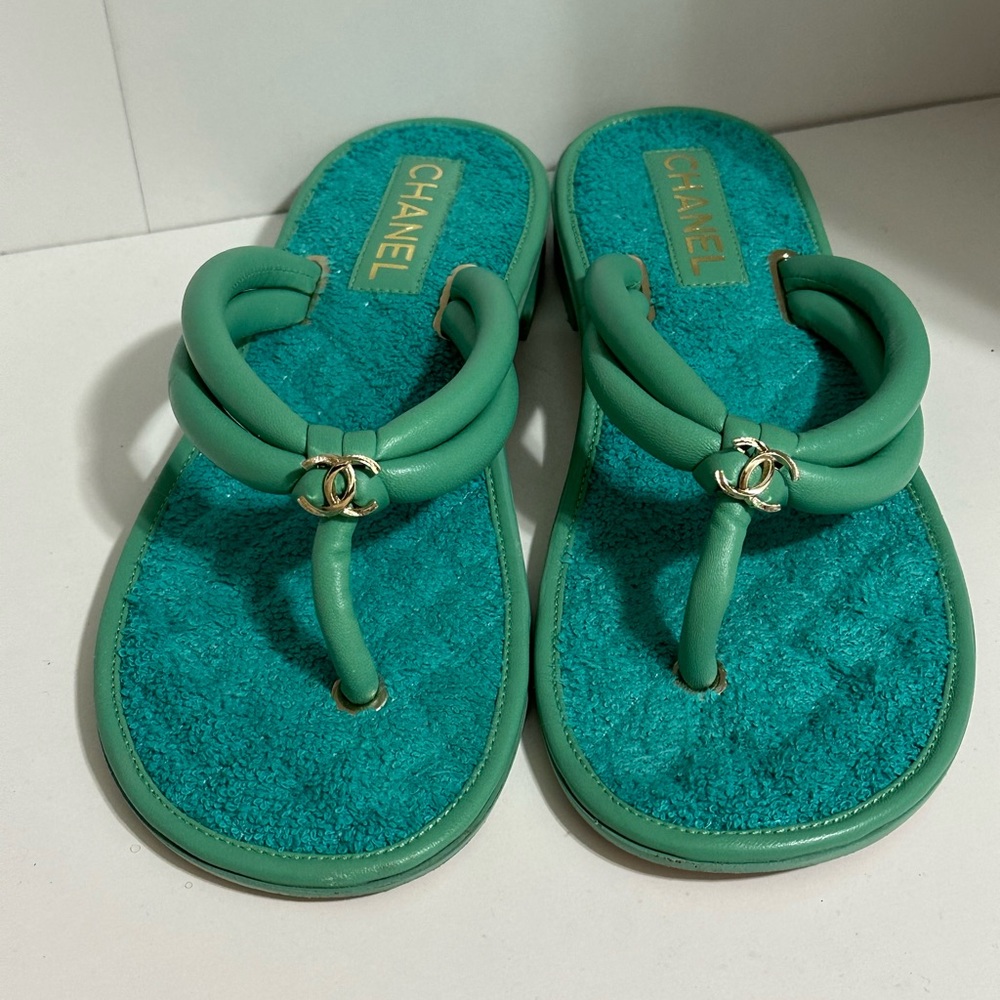 CHANEL Terry Cloth Lambskin CC Thong Sandals